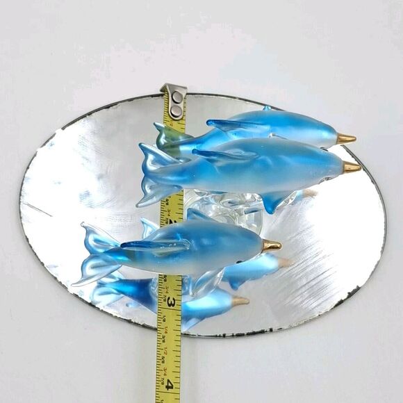 Vtg Blue Dolphins Glass Figurine Dolphin Trio on Mirror Base 3 1/4in tall" - Picture 9 of 13